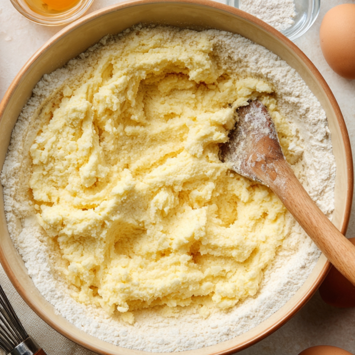 Mixing the base batter: Large bowl with creamed butter and sugar mixture surrounded by flour, eggs, and a bowl of milk on the counter.