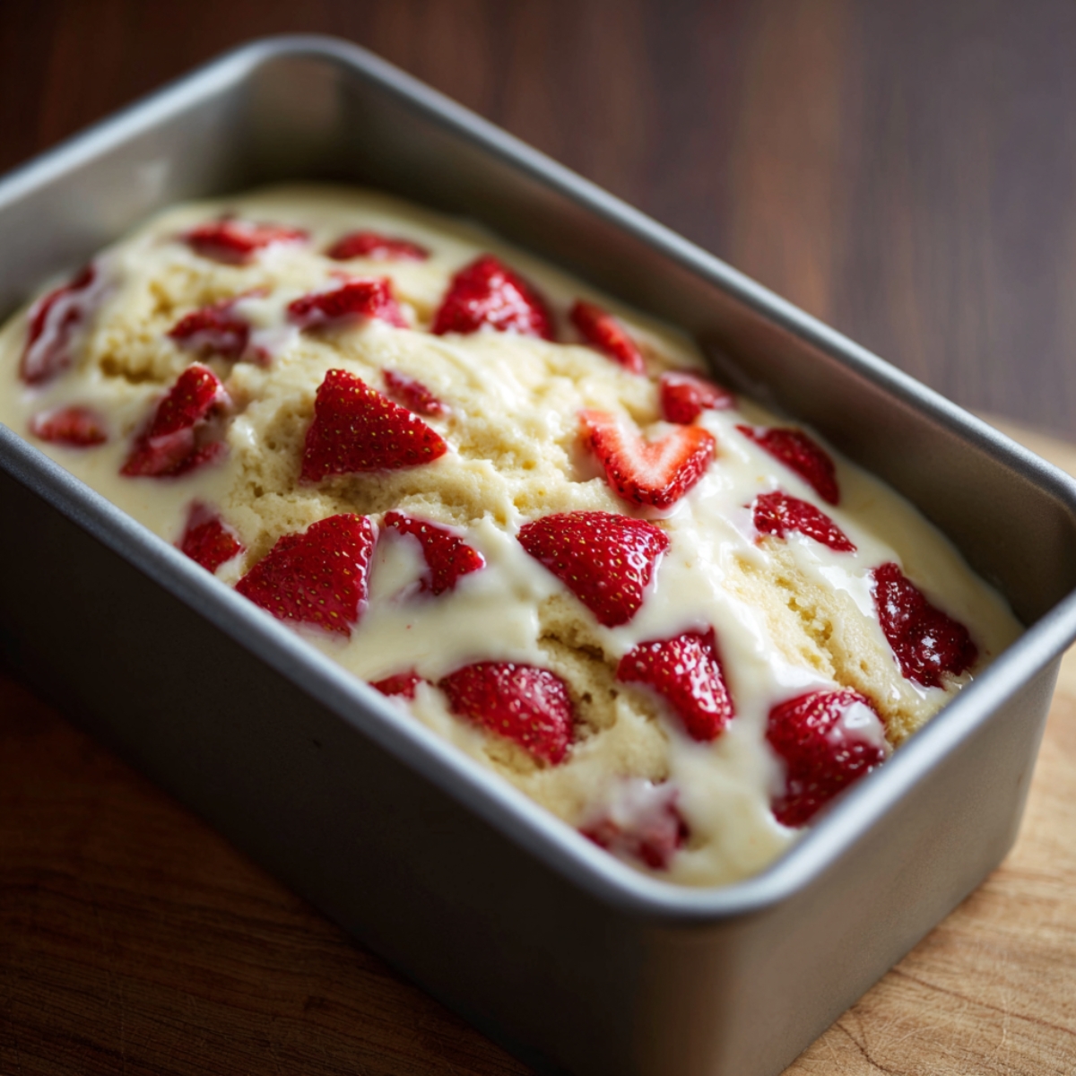 Loaf in pan before slicing: Strawberry bread in a loaf pan, studded with red strawberry halves and drizzled with white glaze.