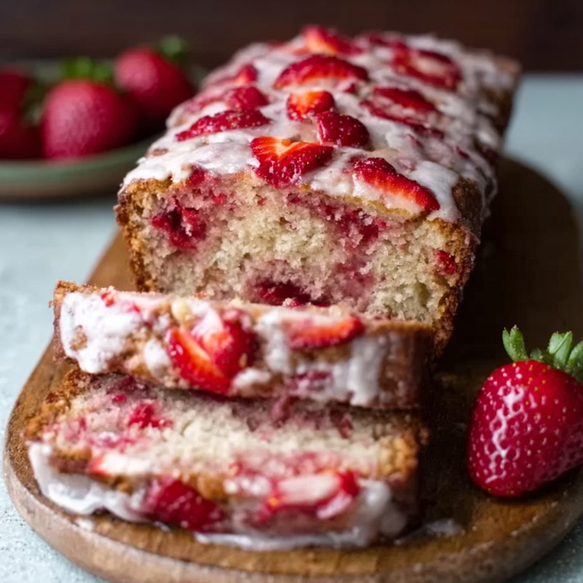 Finished loaf with glaze: Baked strawberry bread, sliced to show the moist interior, topped with fresh strawberries and a shiny glaze.