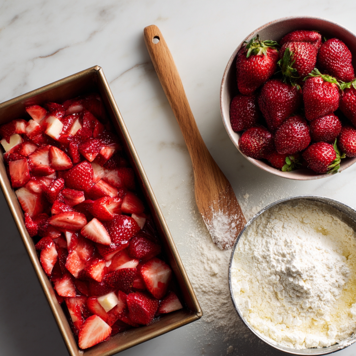 Strawberry preparation: Loaf pan filled with diced strawberries coated in flour, with a bowl of fresh strawberries and extra flour nearby.