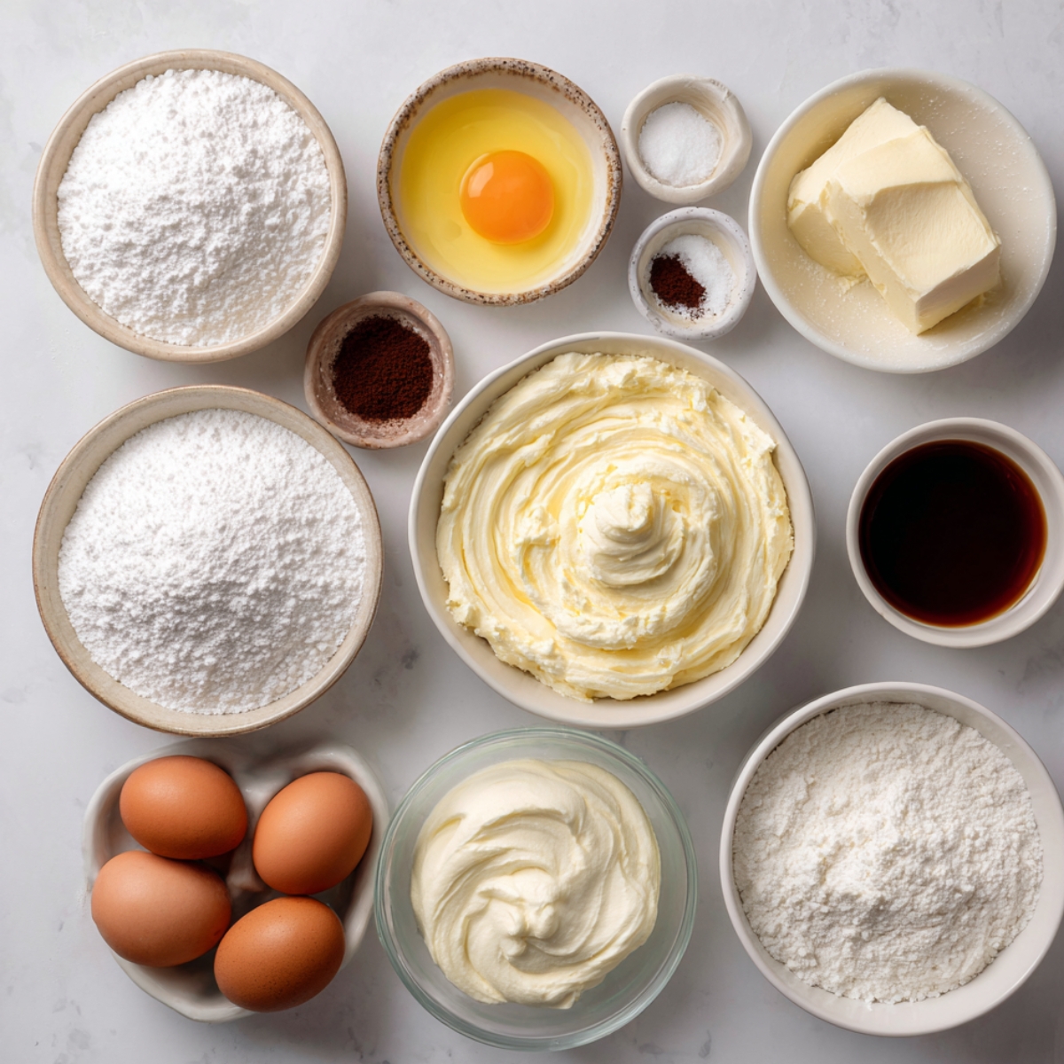 Assorted baking ingredients arranged neatly: eggs, powdered sugar, flour, butter, vanilla, cream, and cream cheese.