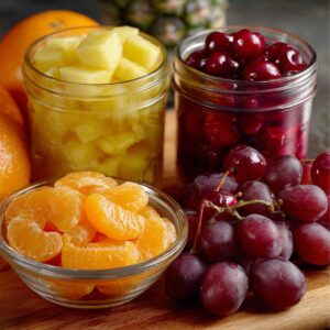 Assortment of canned and fresh fruits: pineapple, mandarin oranges, cherries, and purple grapes.