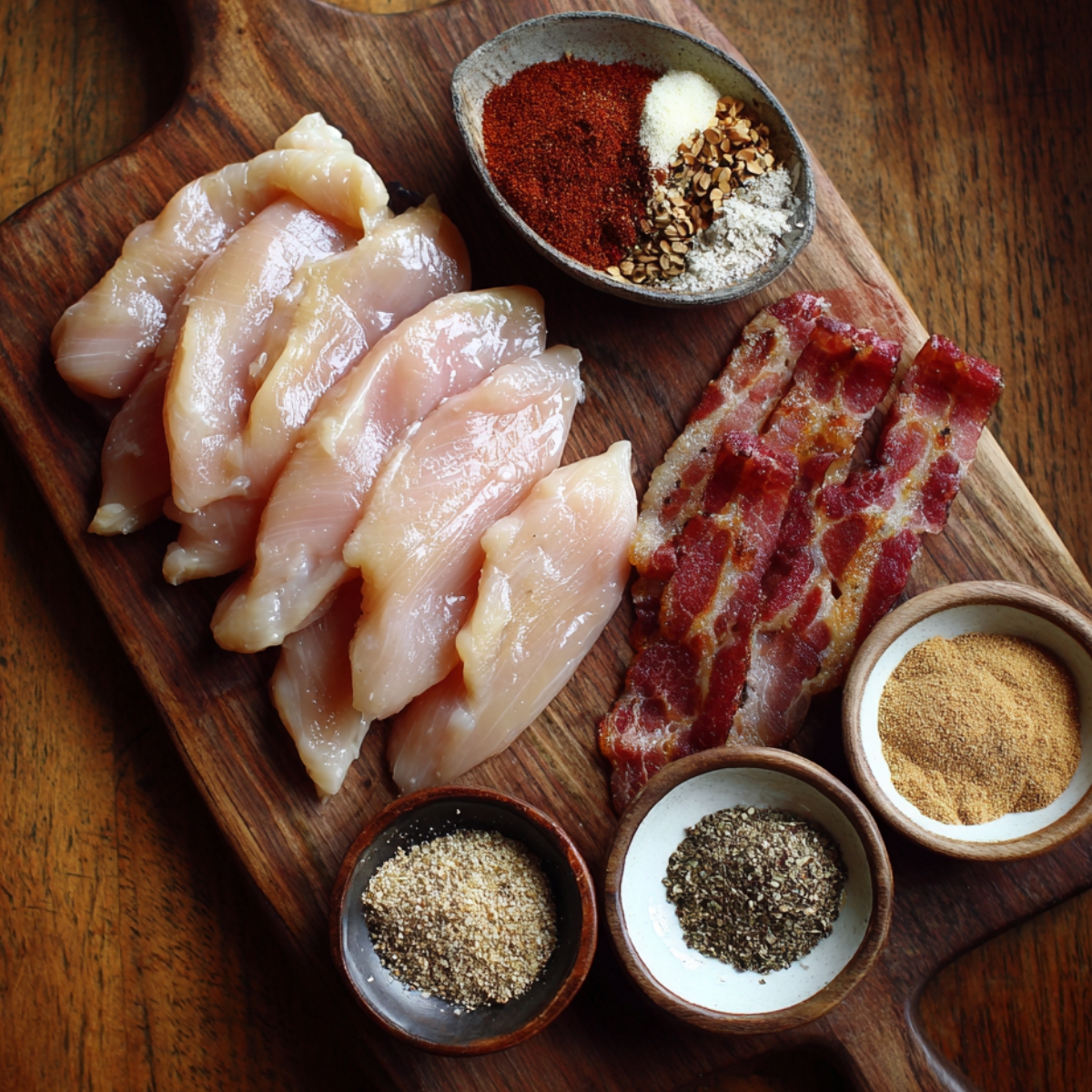 Chicken tender ingredients: Raw chicken strips, bacon slices, and assorted spices displayed on a wooden cutting board.