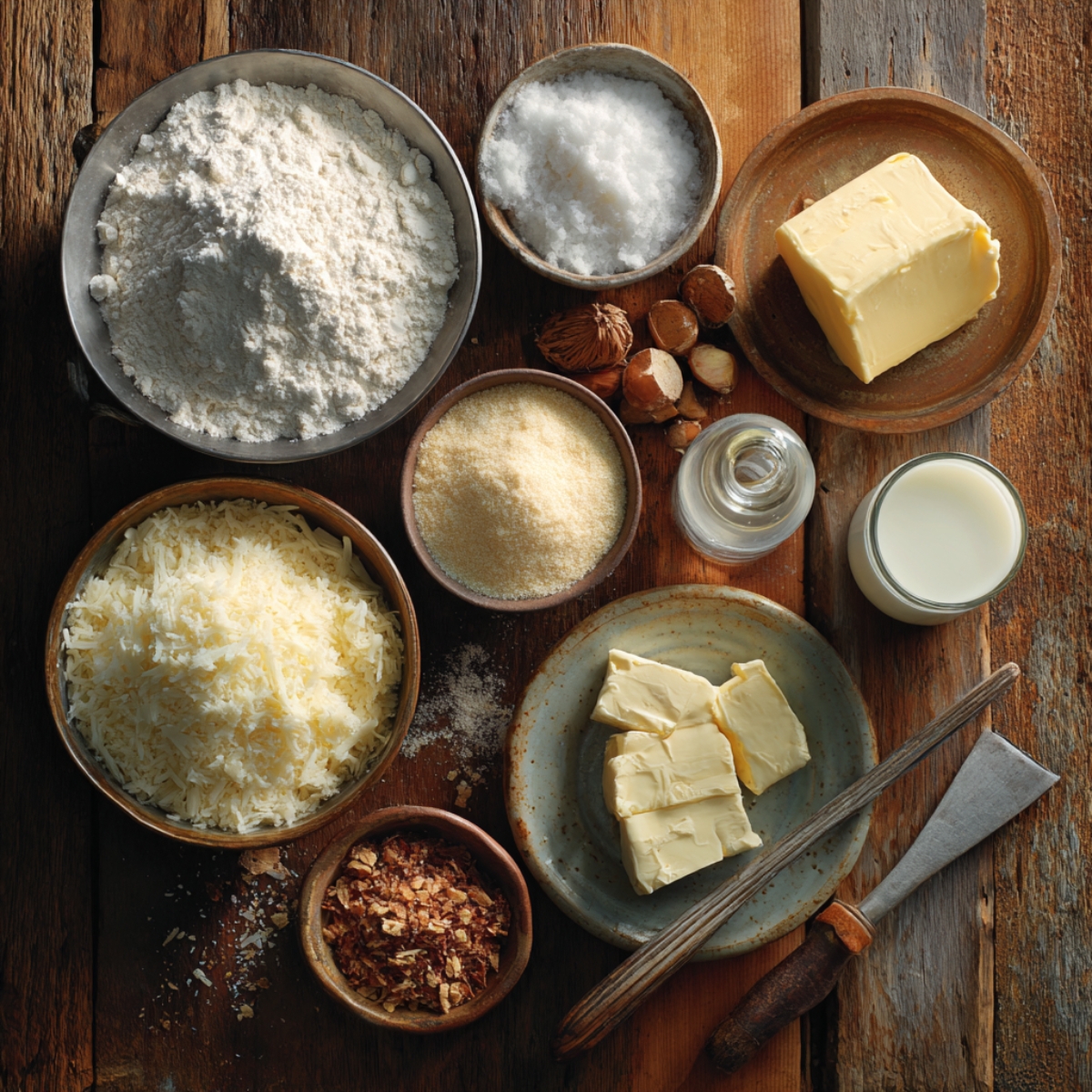 Flat lay of béchamel ingredients including flour, butter, milk, Parmesan cheese, nutmeg, and seasonings on a rustic wooden table.
