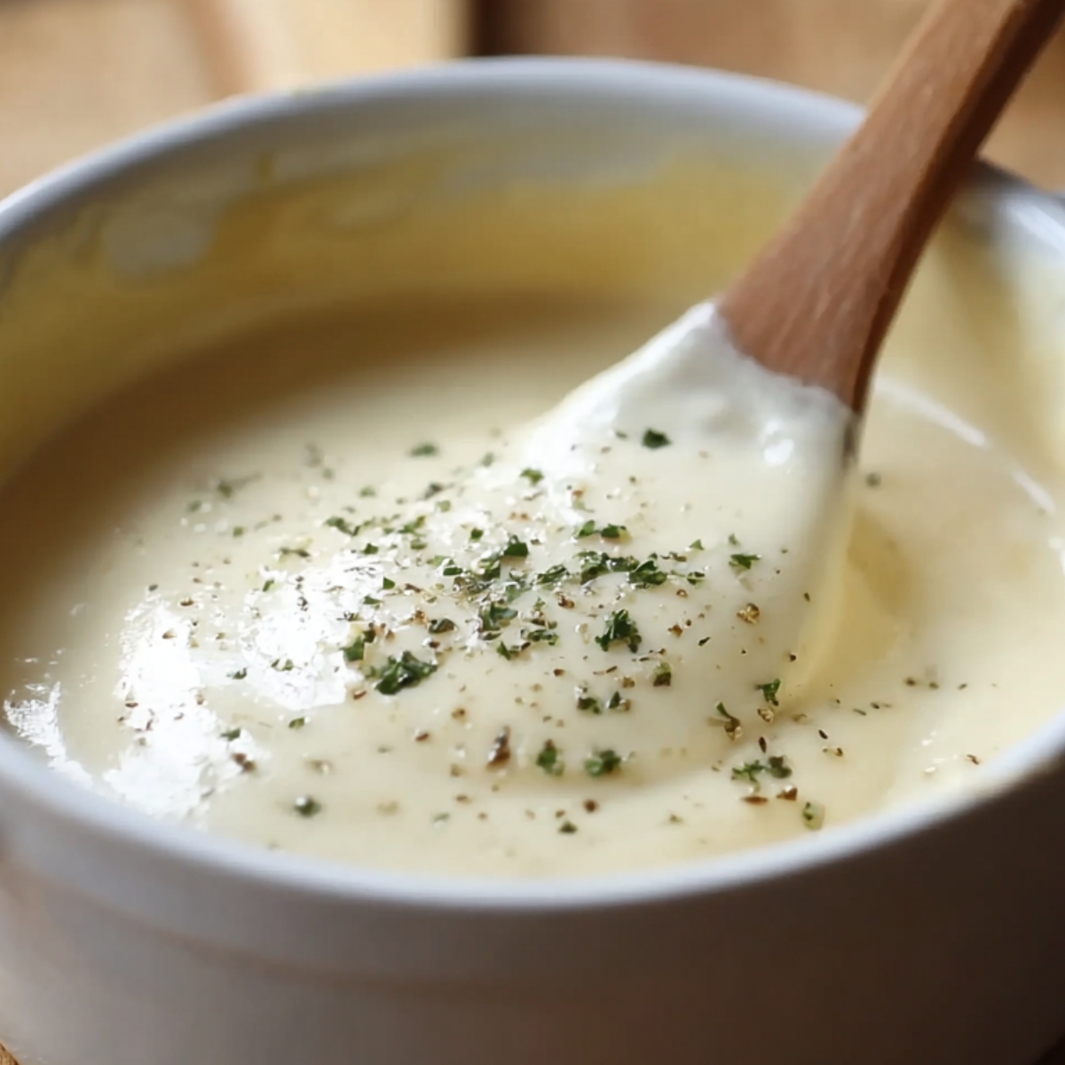 Creamy béchamel sauce recipe in a white bowl with a wooden spoon, topped with fresh herbs and black pepper.