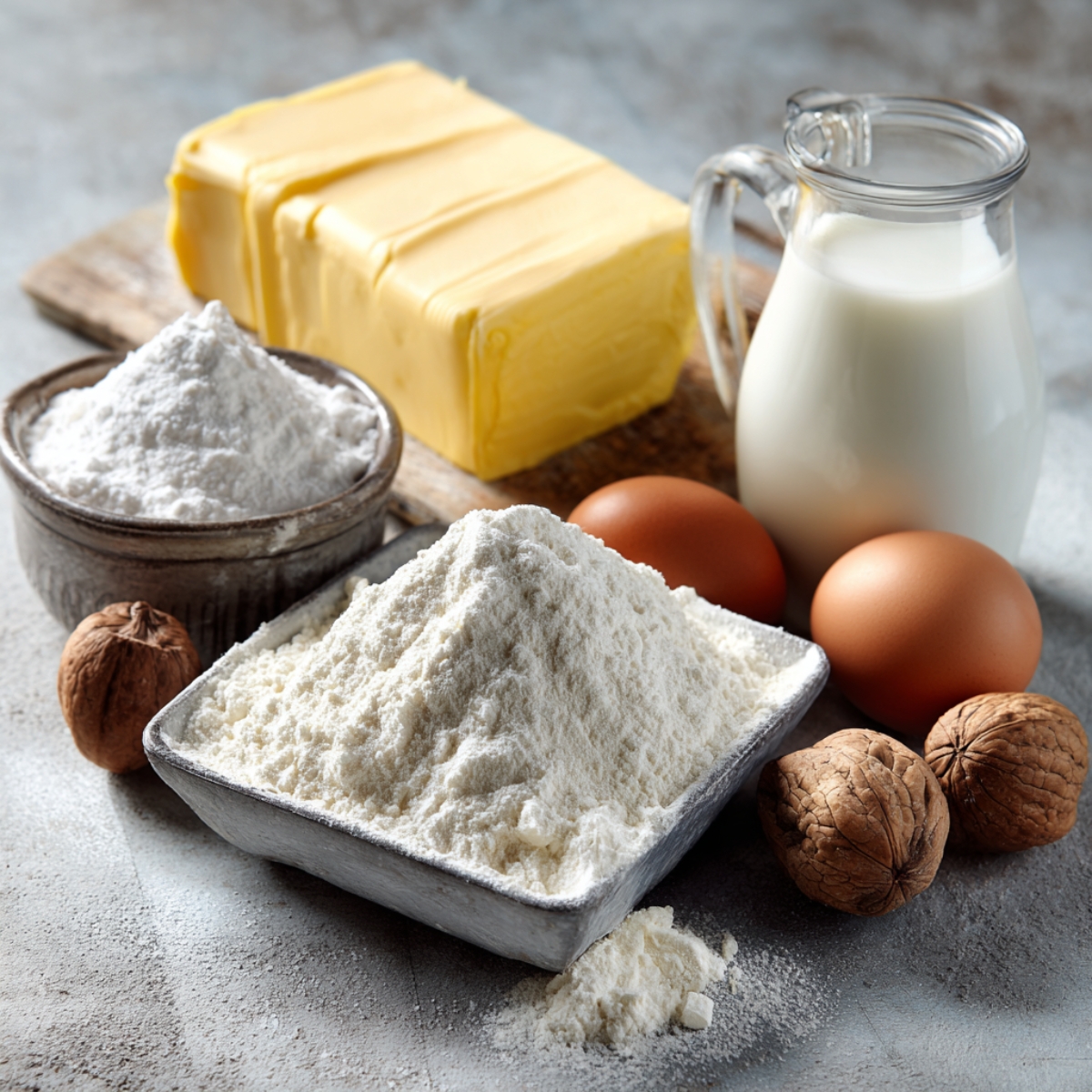 Flat lay of béchamel ingredients including flour, butter, milk, Parmesan cheese, nutmeg, and seasonings on a rustic wooden table.