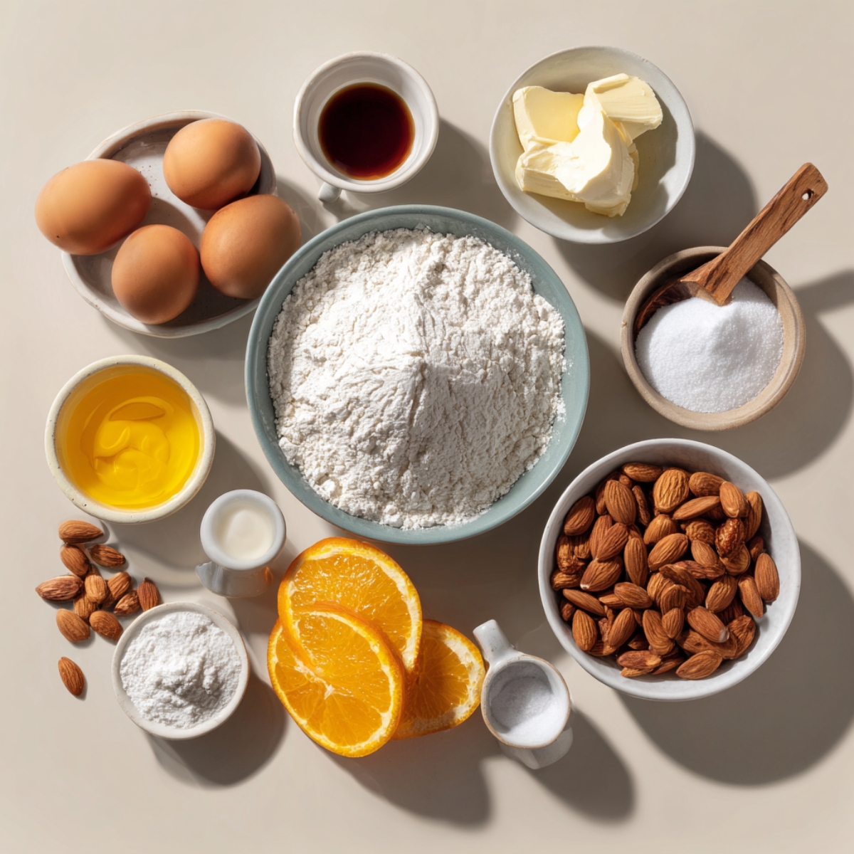 Overhead view of basic biscotti ingredients arranged neatly – flour, sugar, butter, eggs, almonds, orange slices, vanilla, and baking powder.