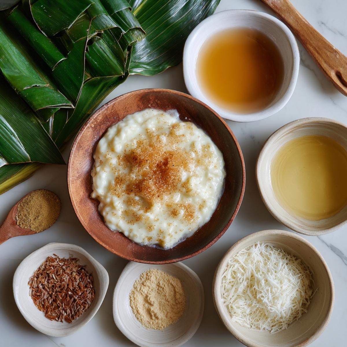Ingredients for kakanin preparation — banana leaves, rice pudding with brown sugar, shredded coconut, spices, and bowls of liquid flavorings.
