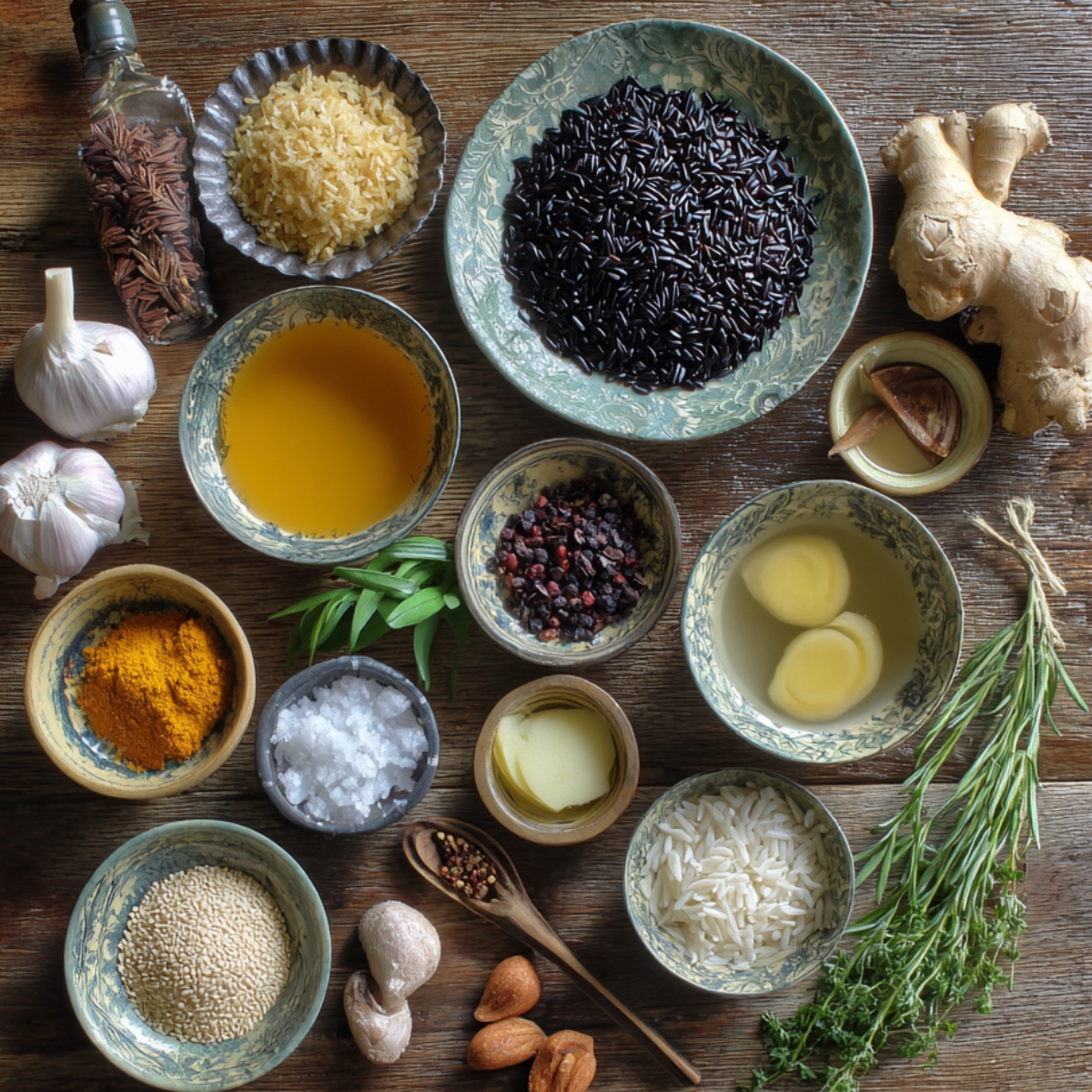 Assorted cooking ingredients displayed in bowls: black rice, white rice, spices, ginger, garlic, herbs, oil, and nuts.