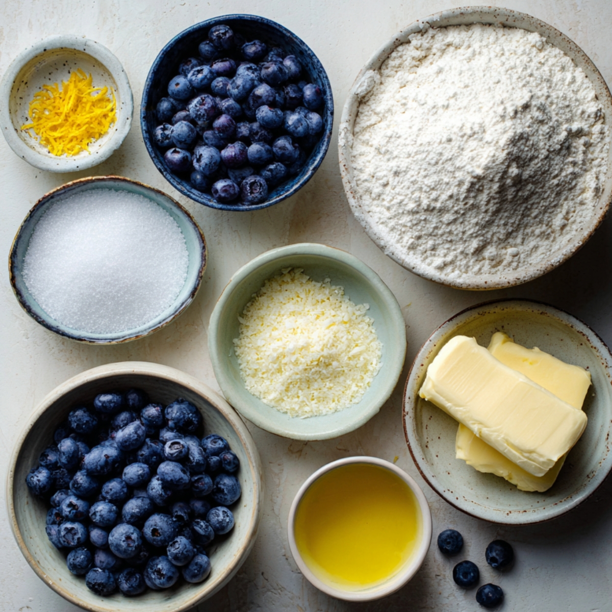 Baking ingredients arranged in small bowls: flour, butter, sugar, lemon zest, blueberries, cream, and melted butter.