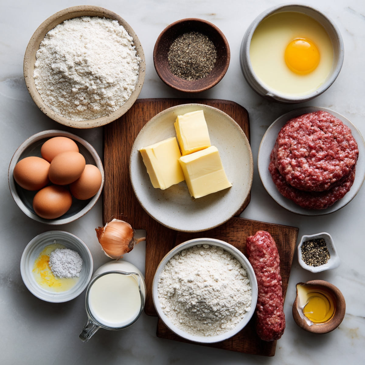 Breakfast gravy ingredients – A flat lay of butter, flour, eggs, ground sausage, milk, onion, and seasonings arranged on a marble surface.