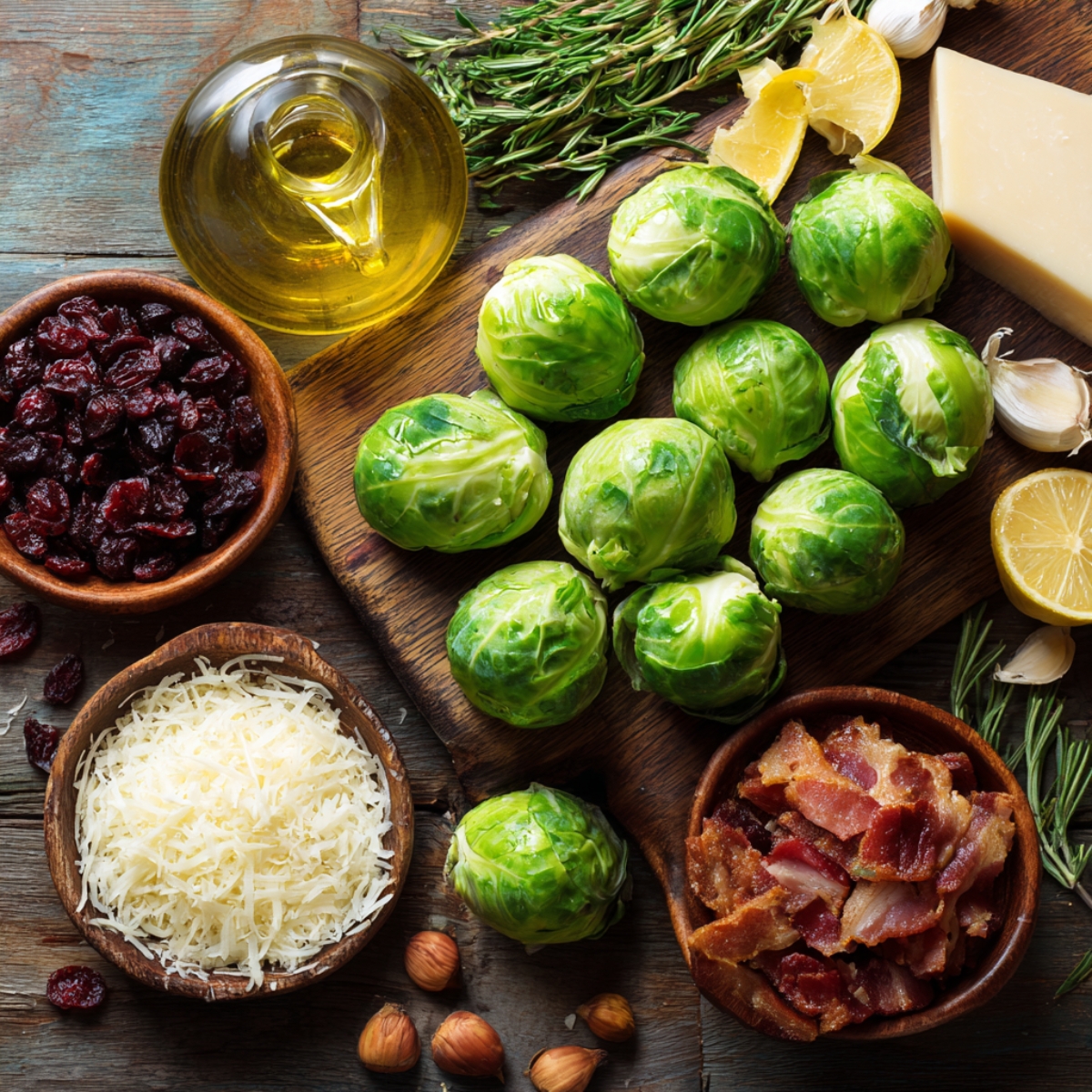 Recipe ingredients arranged on a wooden board — fresh Brussels sprouts, olive oil, Parmesan cheese, lemon, garlic, herbs, dried cranberries, and crispy bacon.