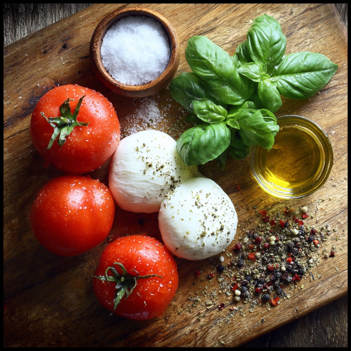 Raw ingredients for a Caprese salad on a wooden board: whole tomatoes, mozzarella balls, fresh basil, olive oil, sea salt in a small bowl, and a mix of pepper and herbs.