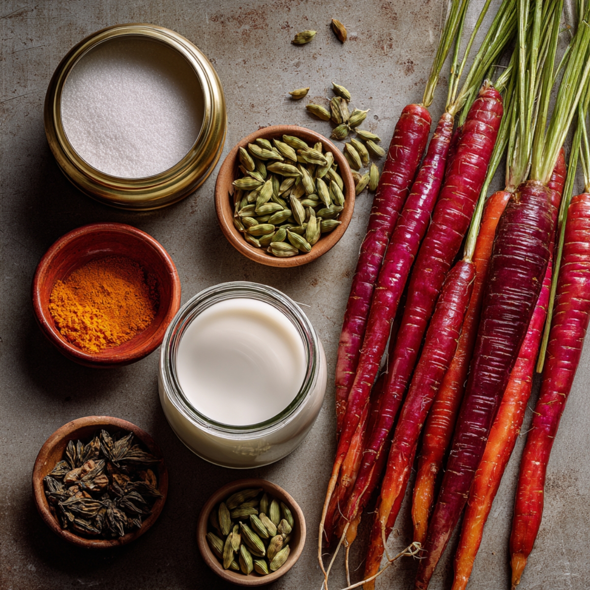 This highlights the main ingredients for making carrot halwa, emphasizing the use of fresh carrots and rich milk.