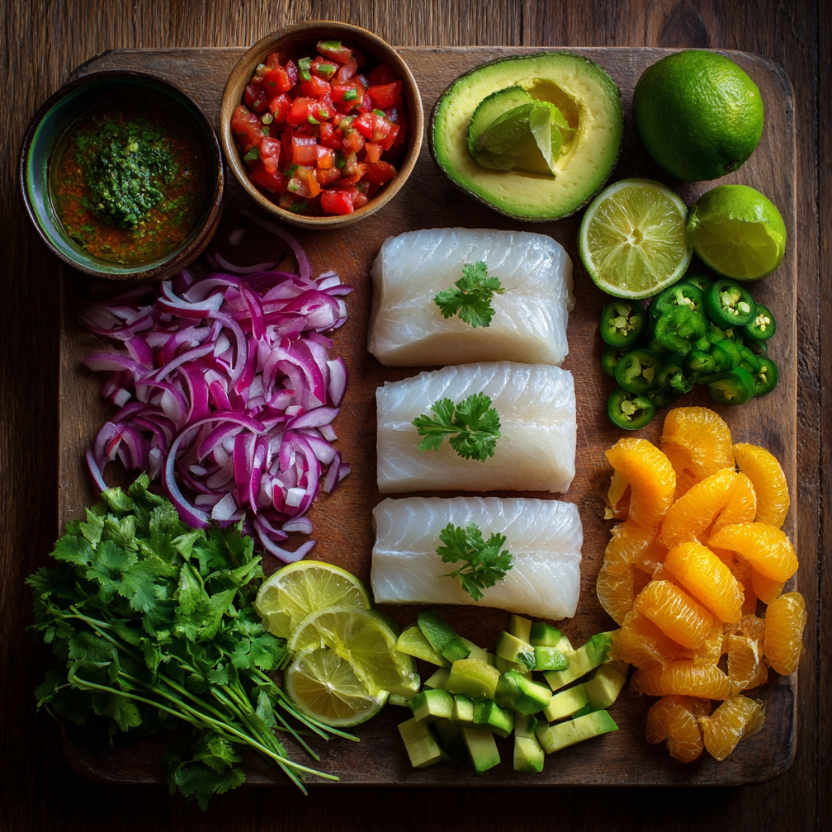 A wooden board displaying ceviche ingredients – raw white fish fillets, sliced red onion, lime, avocado, cilantro, jalapeños, orange segments, and salsa.