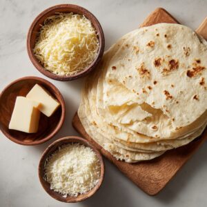 Ingredients for cheese quesadillas including tortillas, shredded cheeses, butter, and flour arranged in small bowls.