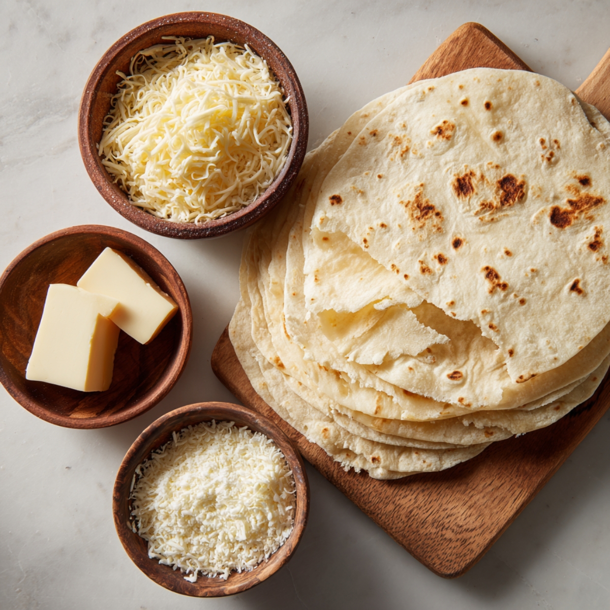 Ingredients for cheese quesadillas including tortillas, shredded cheeses, butter, and flour arranged in small bowls.