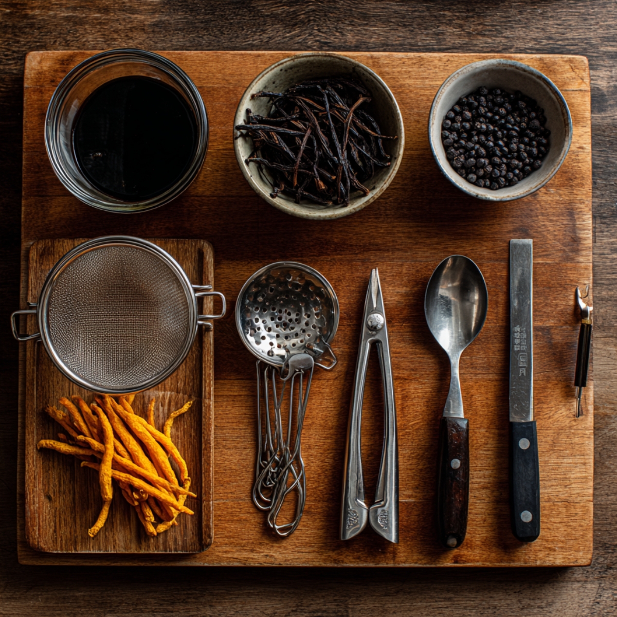 A wooden board with organized cooking tools and ingredients: soy sauce, whole black pepper, dried herbs, yellow dried roots, strainer, measuring spoons, kitchen shears, and knives.