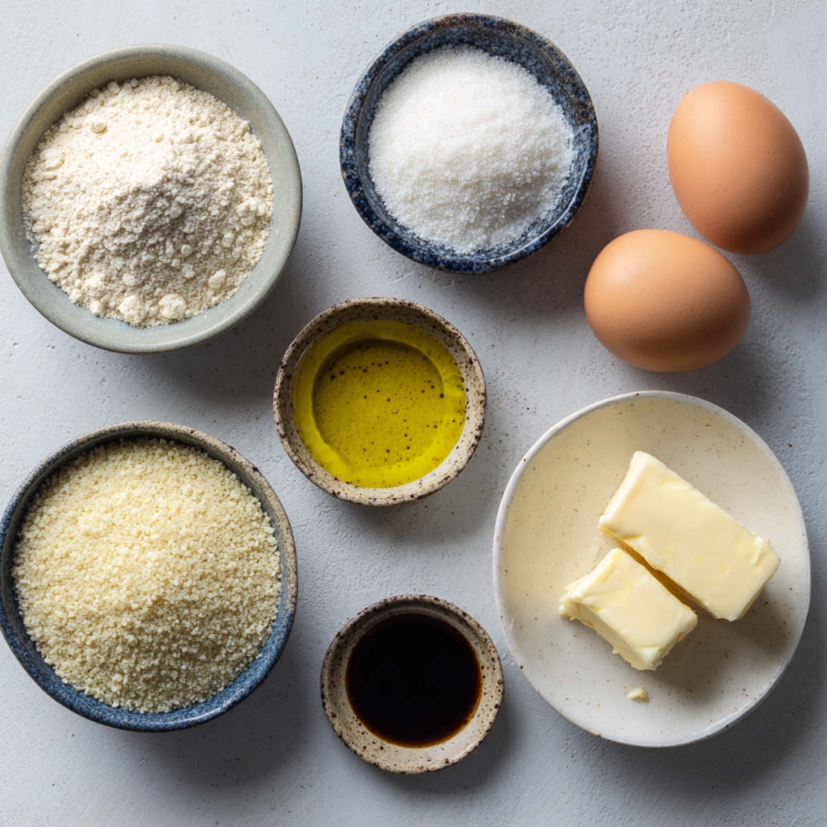 Cooking ingredients arranged: two eggs, butter, olive oil, flour, breadcrumbs, grated cheese, salt, and sauce.
