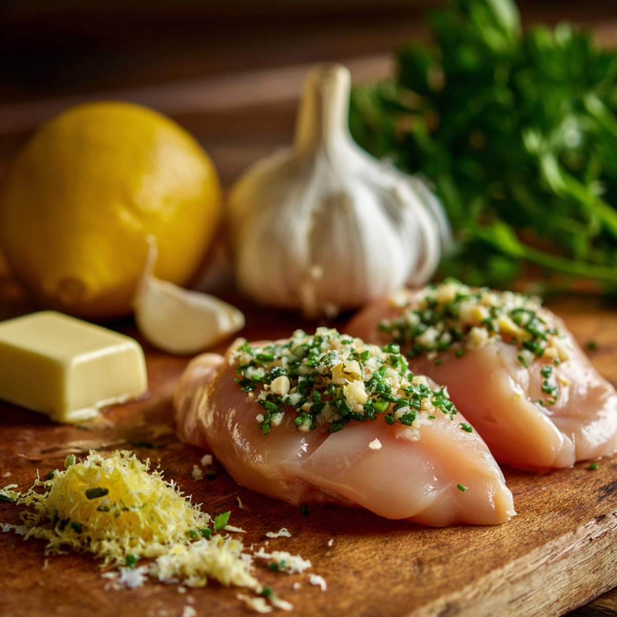 Raw chicken breasts stuffed with garlic, herbs, and butter, with lemon zest, garlic, and parsley on the side.