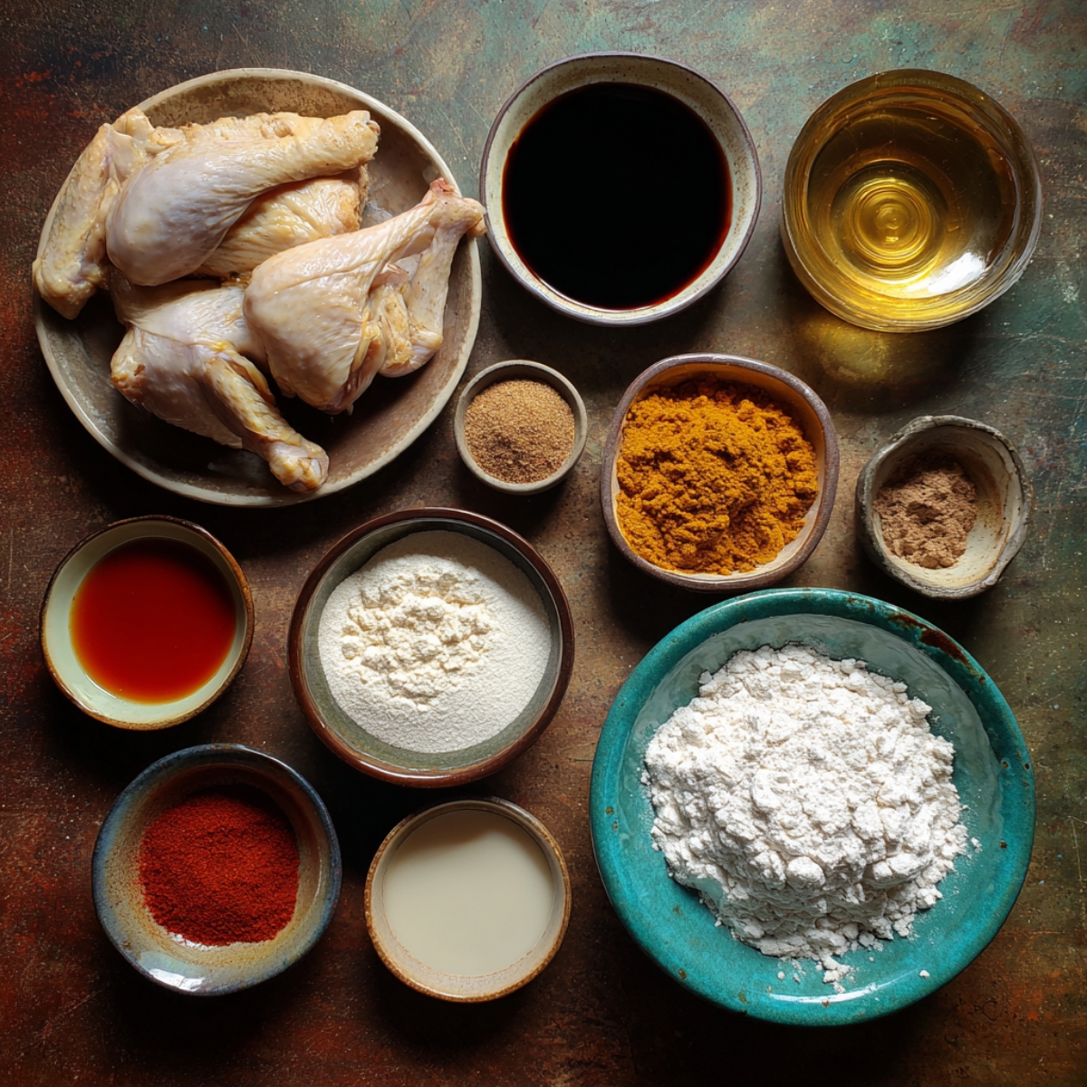 Chicken lollipop ingredients: Raw chicken drumettes, flour, soy sauce, spices, and cooking oil displayed in small bowls.