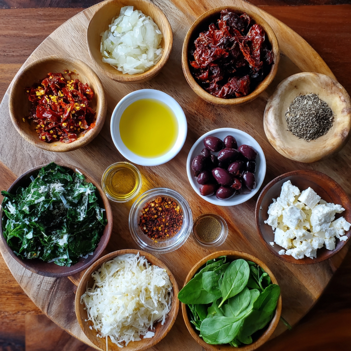 Various ingredients on a wooden plate, including dried tomatoes, olives, onions, spinach, feta cheese, and herbs like oregano.