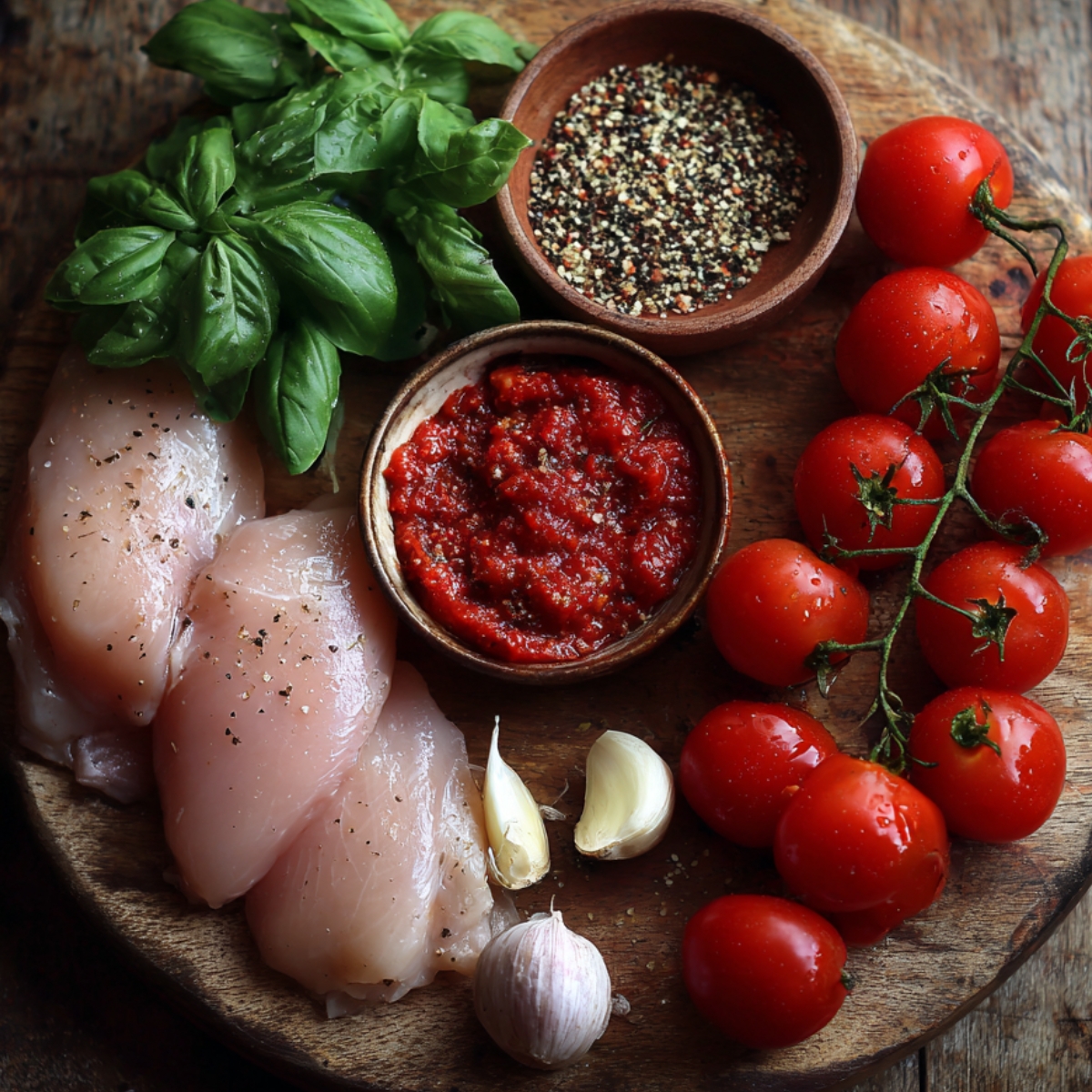 Fresh raw chicken breasts with cherry tomatoes, garlic, and basil, along with a bowl of tomato paste, ready to be cooked.