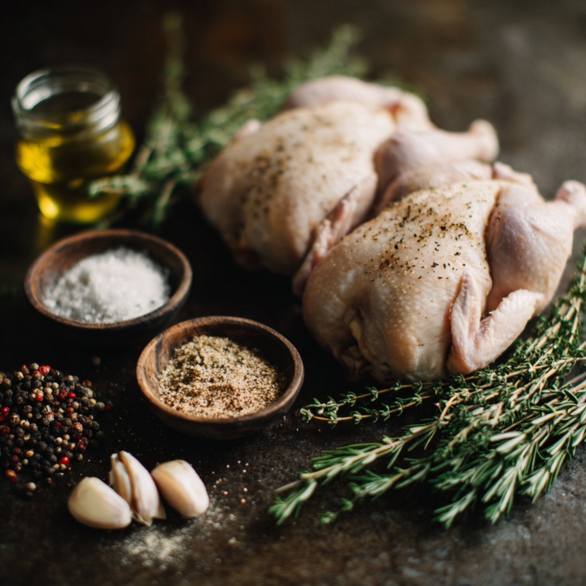 Two raw Cornish hens seasoned with salt and pepper, surrounded by fresh herbs (thyme and rosemary), black peppercorns, garlic cloves, and a small jar of oil.