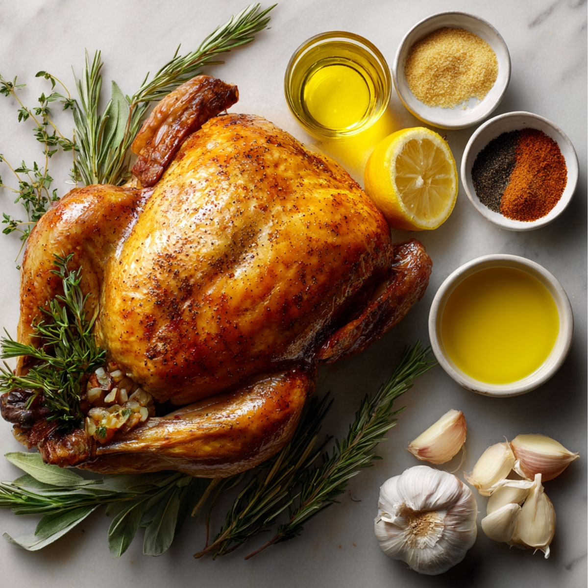 A roasted Cornish hen with golden skin stuffed with herbs (rosemary and thyme), surrounded by ingredients for seasoning: olive oil, garlic cloves, lemon, fresh herbs, salt, pepper, and paprika.