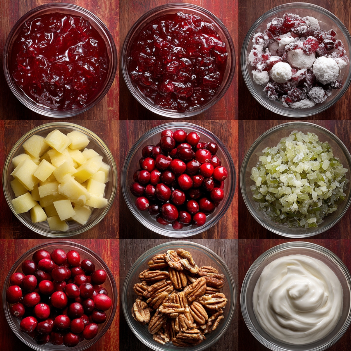 Different ingredients laid out in bowls: red gelatin, chopped fruit, cranberries, pecans, and a creamy topping (likely yogurt or whipped cream).