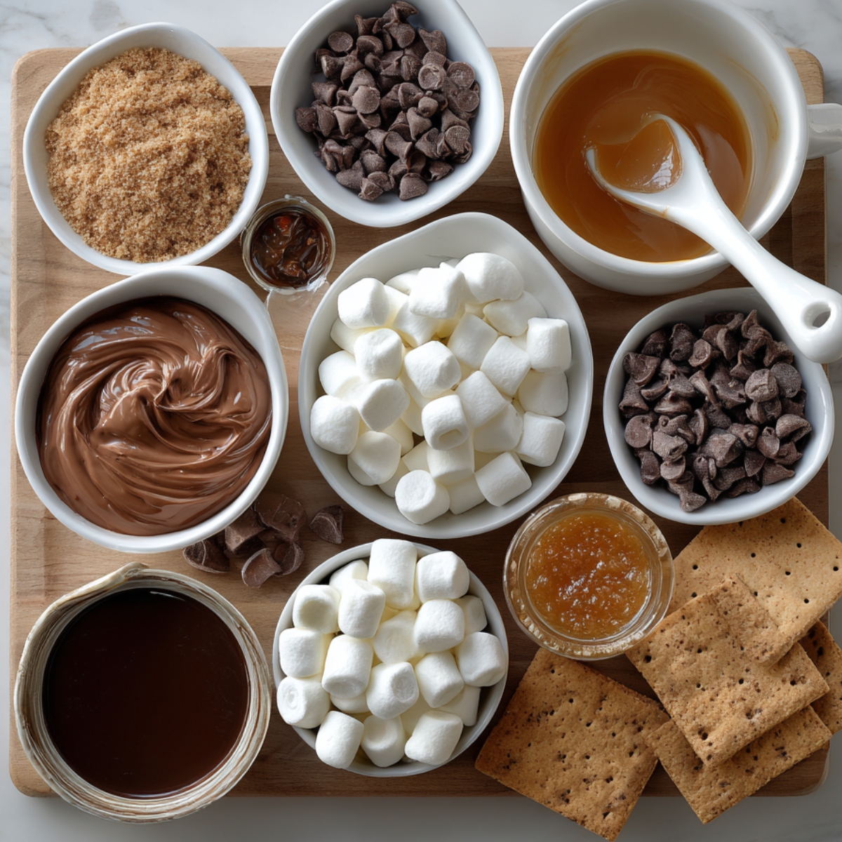 "A wooden board with bowls of dessert toppings: mini marshmallows, chocolate chips, Nutella, caramel sauce, jam, and graham crackers