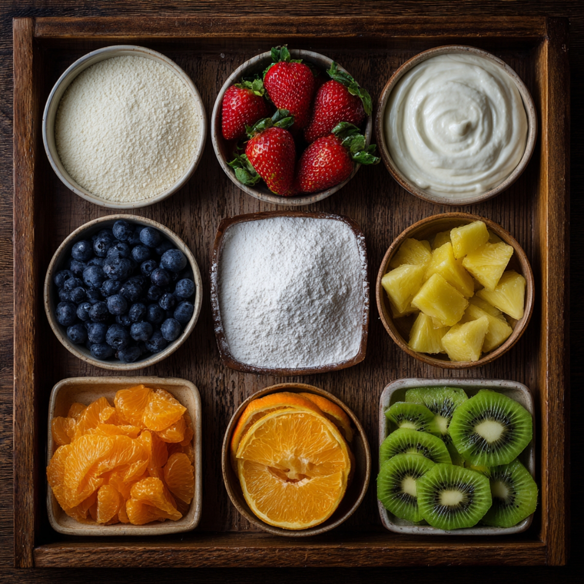 A wooden tray with compartments holding ingredients like powdered sugar, strawberries, pineapple chunks, orange slices, kiwi, blueberries, cream, and powdered milk