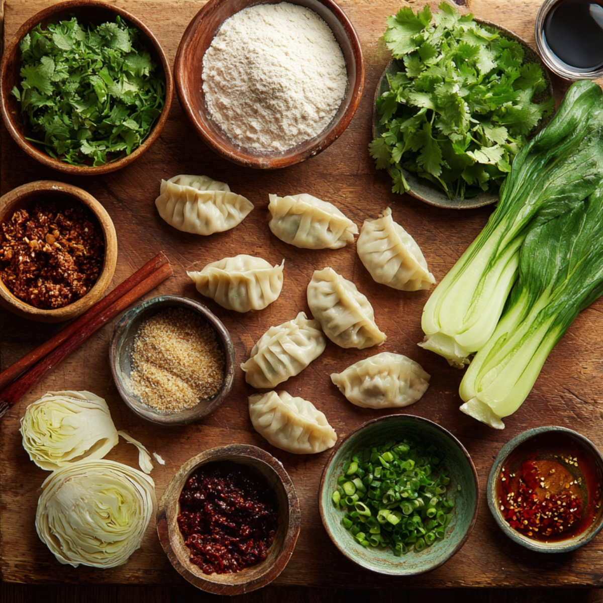 An assortment of dumpling ingredients on a wooden board, including cilantro, flour, napa cabbage, bok choy, green onions, soy sauce, chili paste, sesame seeds, and uncooked dumplings arranged in the center.