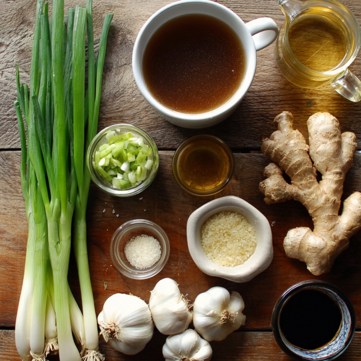 Asian soup ingredients on a rustic wooden surface: fresh ginger, garlic bulbs, scallions, broth, soy sauce, rice vinegar, sesame oil, and sugar.