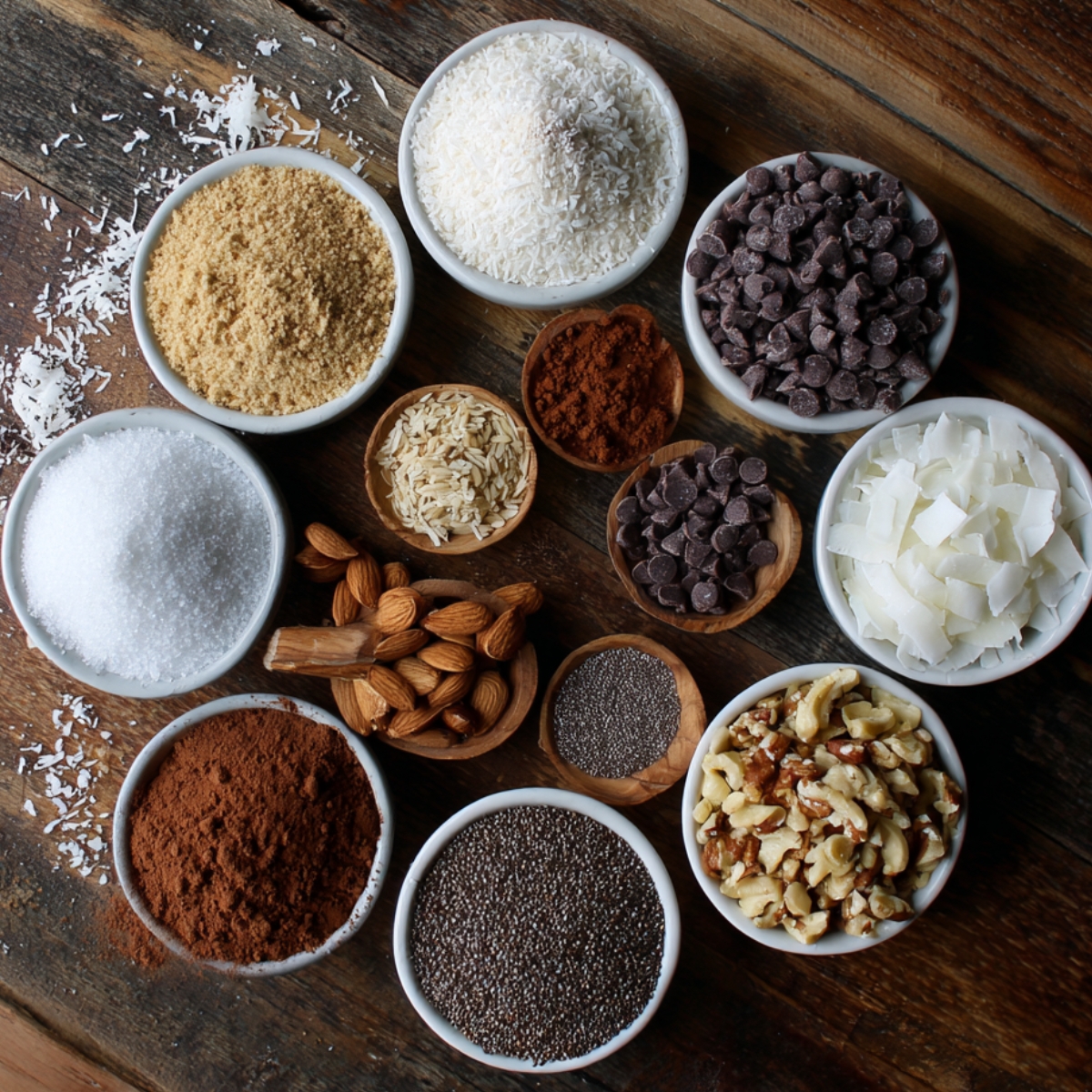 A round plate with neatly arranged ingredients — whole dates, chopped walnuts, peanut butter, ground seeds, and small bowls of oil.