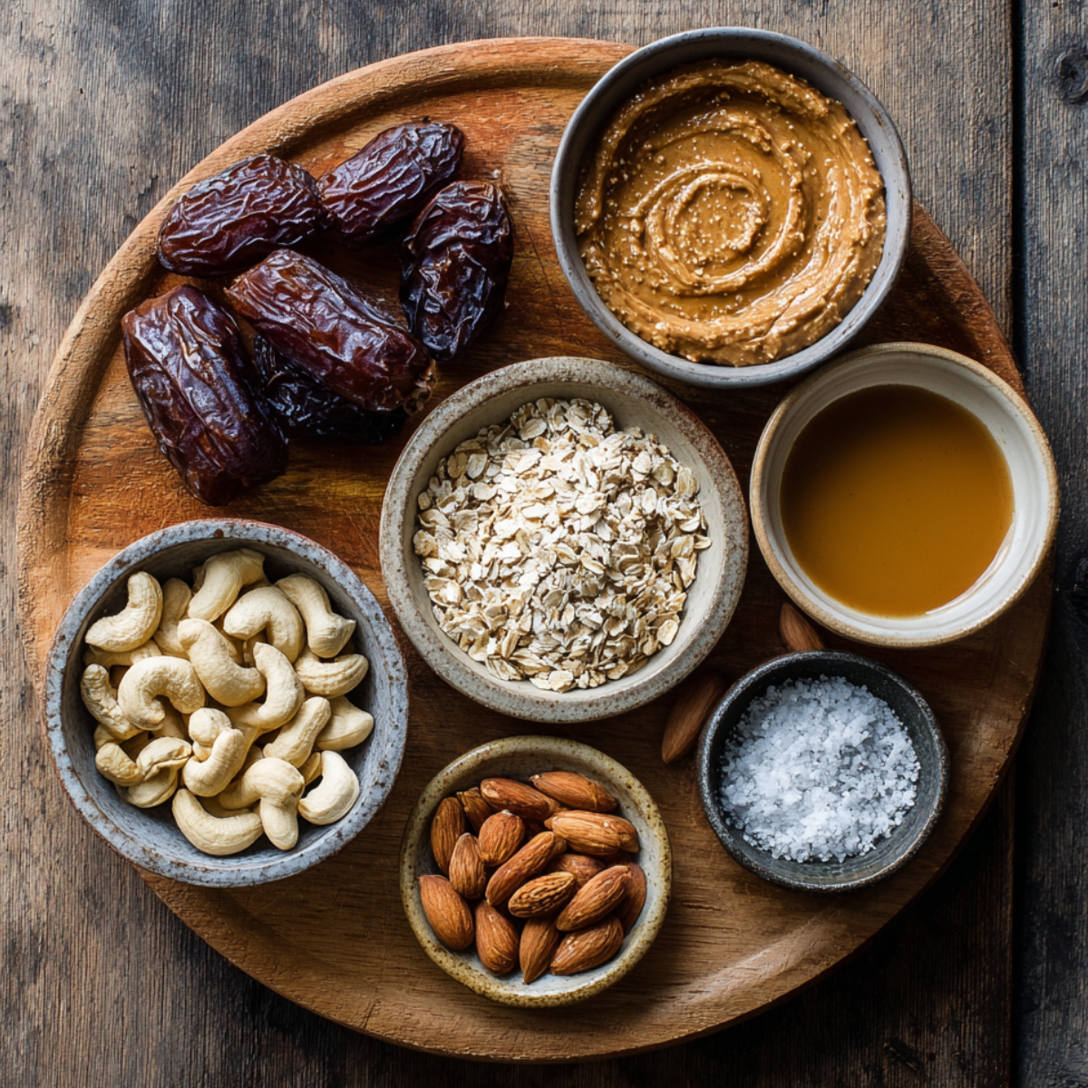 A round plate with neatly arranged ingredients — whole dates, chopped walnuts, peanut butter, ground seeds, and small bowls of oil.