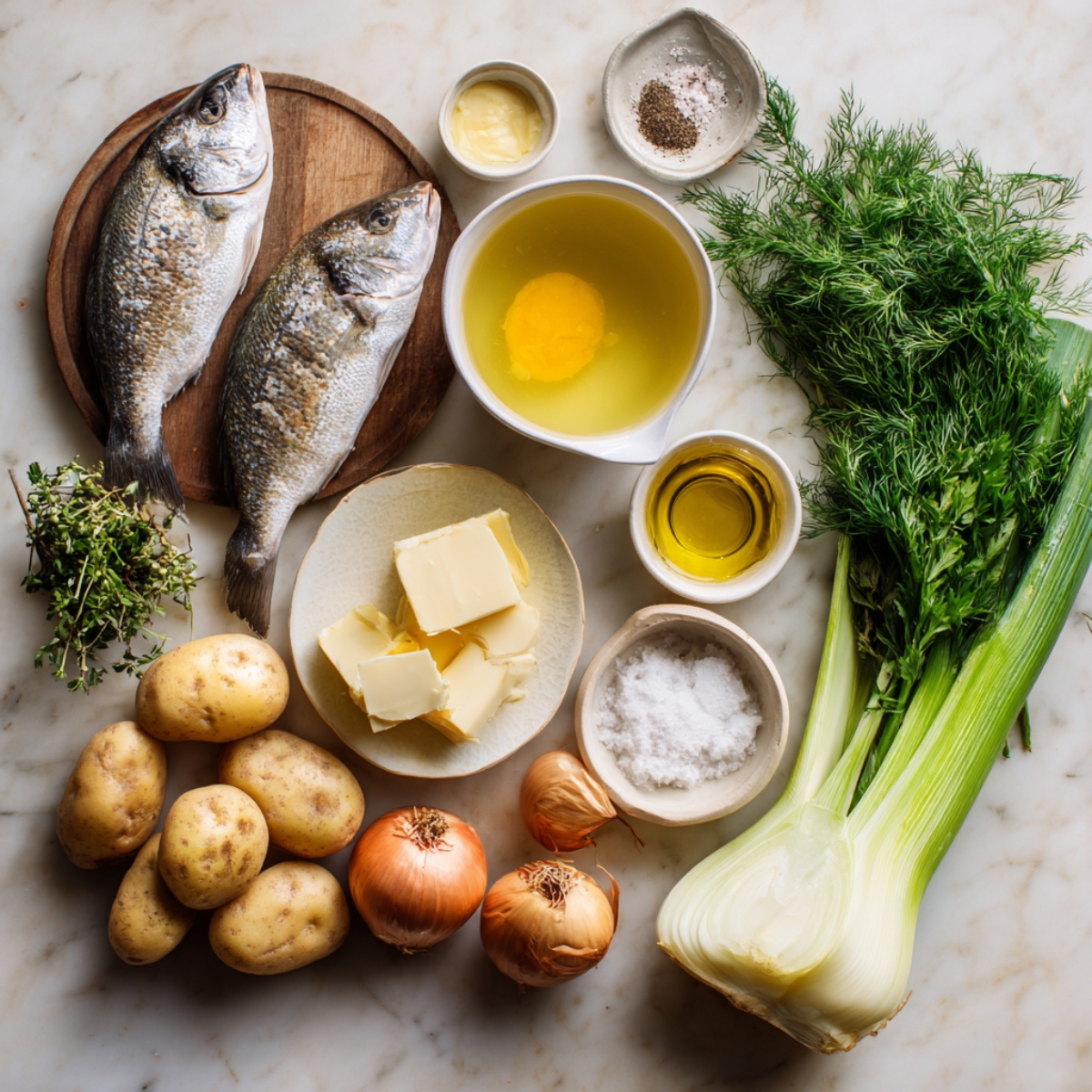 Fresh ingredients for fish soup – whole fish, potatoes, onions, butter, olive oil, egg, salt, pepper, dill, and fresh herbs.