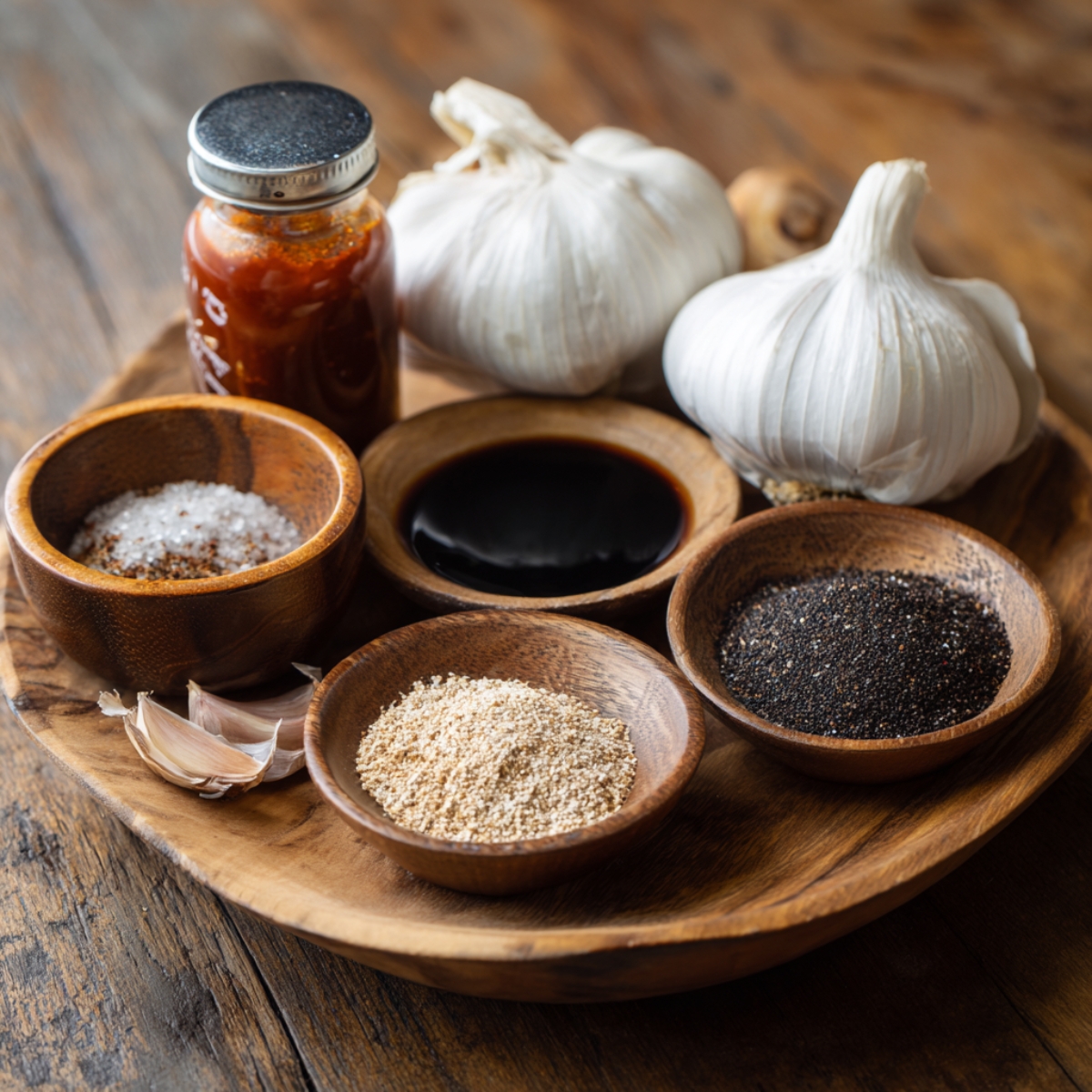 The Best Grape Jelly Meatballs Recipe 11 A round wooden board with garlic bulbs, garlic cloves, black pepper, spices, herbs, honey, and sauces in small bowls.
