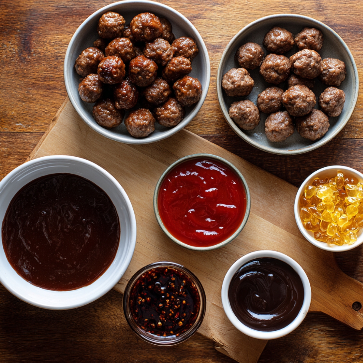 The Best Grape Jelly Meatballs Recipe 10 Raw meatballs in a white bowl next to small bowls of grape jelly, ketchup, spices, and sugar on a wooden board.