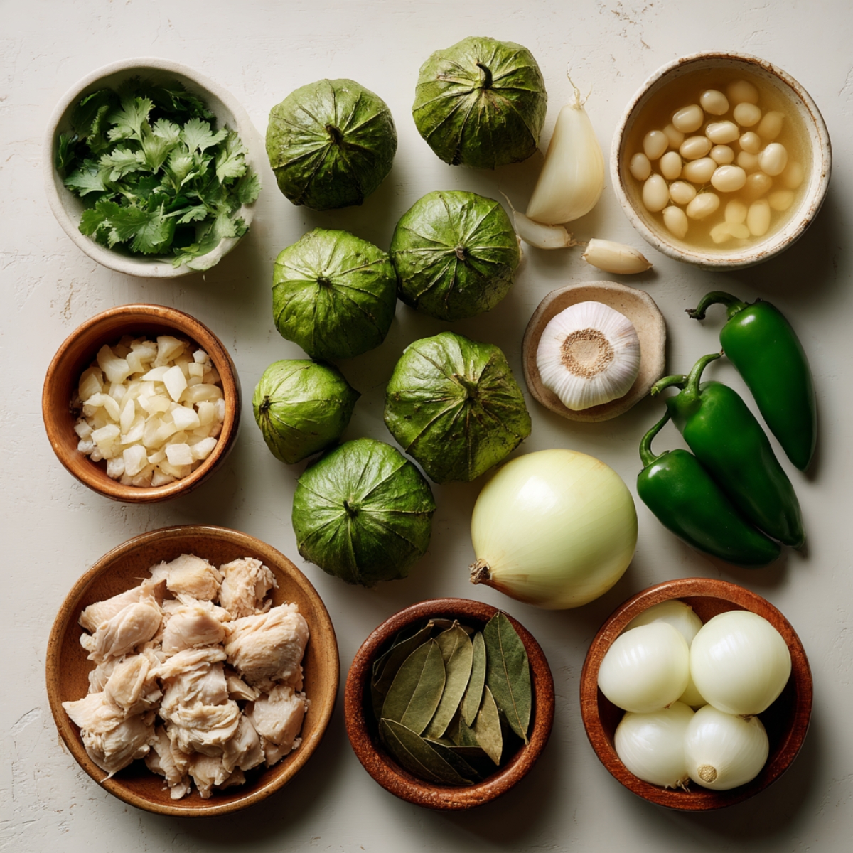 A variety of fresh ingredients for the verde base, including tomatillos, poblano peppers, jalapeños, and garlic, ready for cooking or blending.