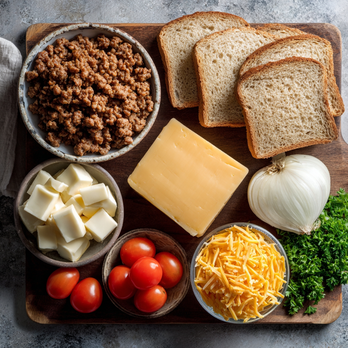 A wooden board neatly arranged with ingredients: sliced bread, a whole onion, fresh parsley, a block of cheddar cheese, cherry tomatoes, cubed butter, cooked ground sausage, and shredded cheese.