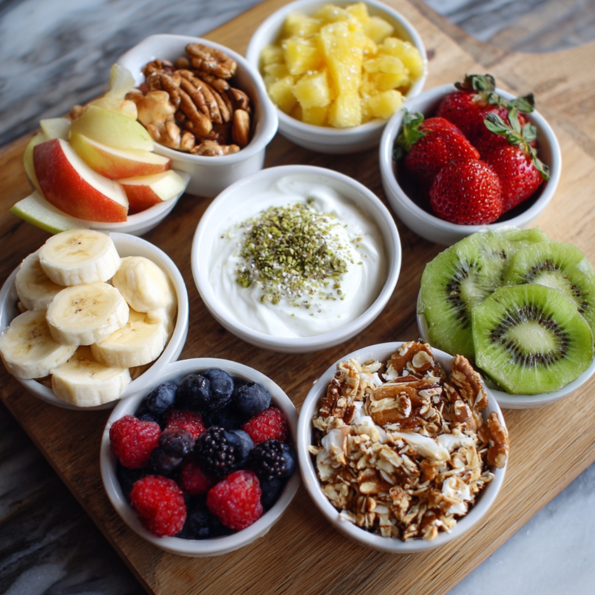 A serving board with small bowls filled with fresh fruits (strawberries, kiwi, berries, banana, pineapple, apple), yogurt, nuts, and crunchy granola.