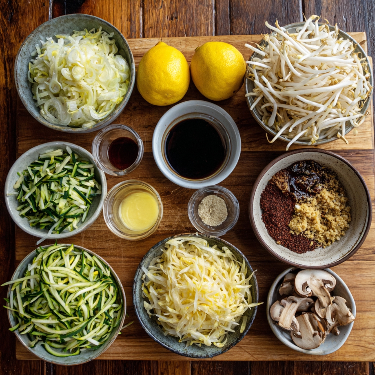 Vegetable and sauce ingredients – Overhead view of small bowls containing shredded zucchini, bean sprouts, mushrooms, spices, soy sauce, mirin, garlic paste, lemons, and other seasonings on a wooden board.