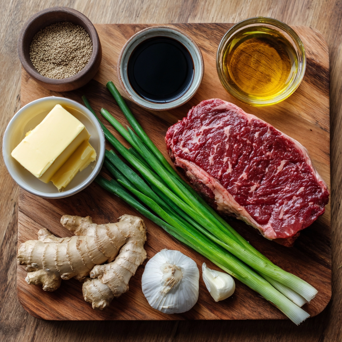 Main hibachi ingredients – A wooden cutting board with raw ribeye steak, garlic, ginger, green onions, butter, soy sauce, sesame seeds, and oil neatly arranged.