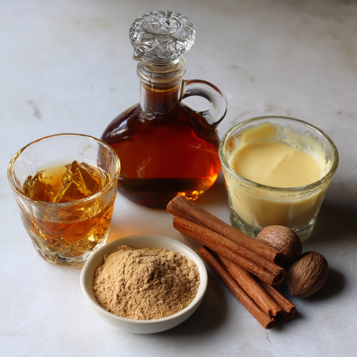 Ingredients for a hot buttered rum drink laid out: dark or spiced rum, unsalted butter, and brown sugar in bowls with cinnamon sticks and nutmeg beside them.