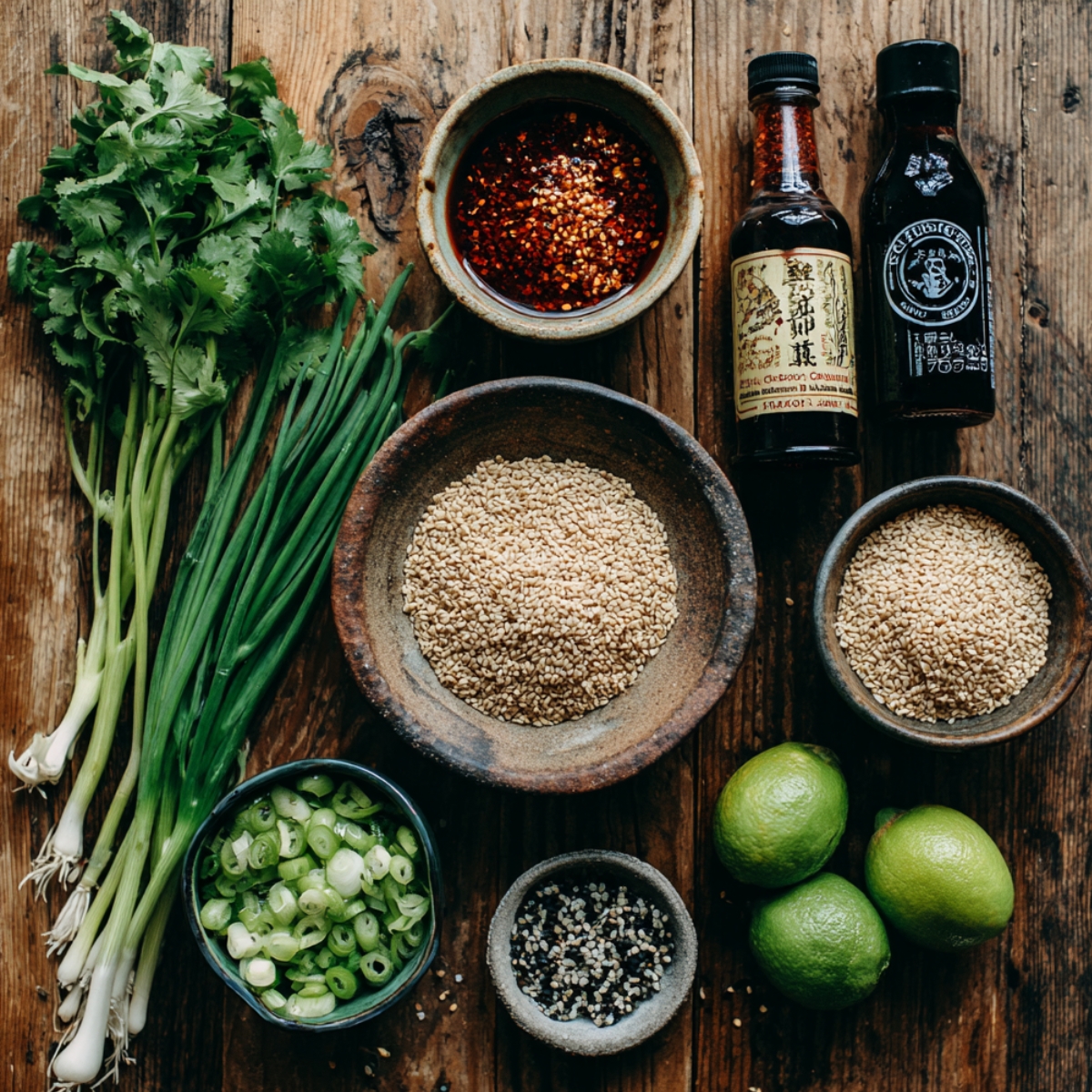 Fresh ingredients on a wooden table: cilantro, scallions, soy sauce, sesame oil, sesame seeds, chili oil, black pepper, and limes.