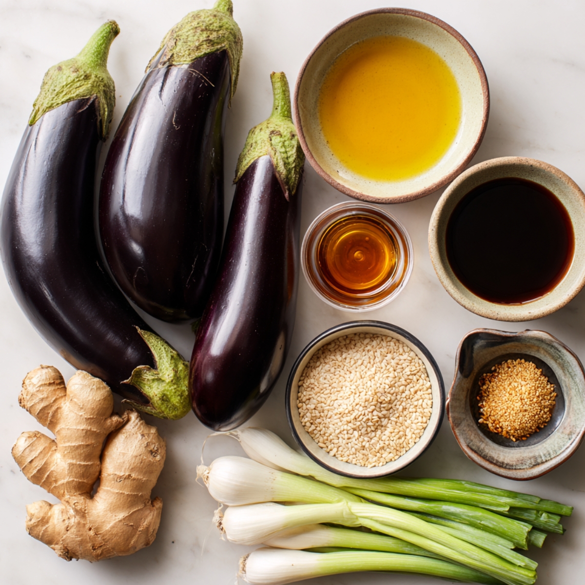 Raw ingredients for the dish: whole eggplants, fresh ginger, scallions, sesame seeds, soy sauce, honey, and oil.
