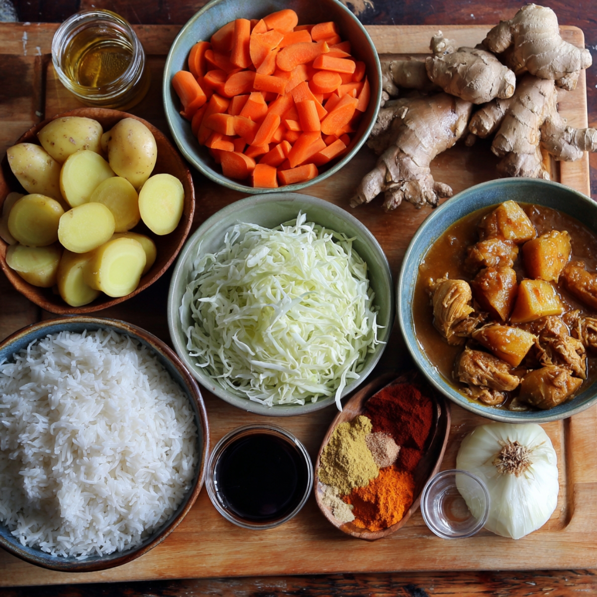Ingredients laid out for making Japanese curry: halved potatoes, sliced carrots, shredded cabbage, steamed rice, curry chicken with potatoes, whole ginger root, onion, and a wooden spoon with ground spices.