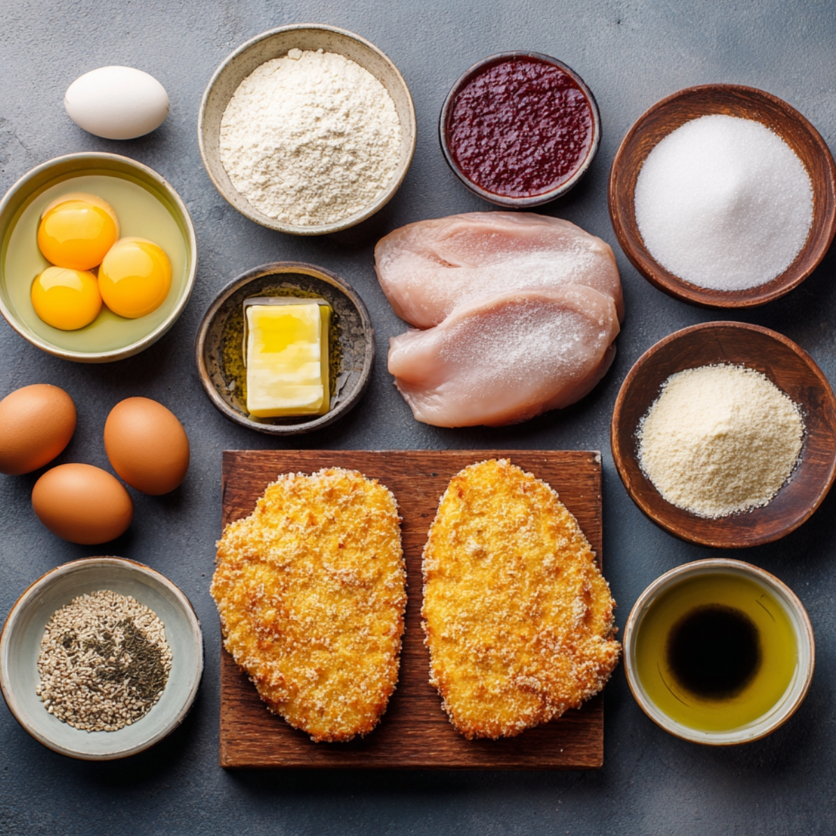 Raw and breaded chicken breasts arranged on a surface surrounded by eggs, flour, grated cheese, panko breadcrumbs, seasoning, oil, butter, and tomato paste — all ingredients for making chicken katsu.