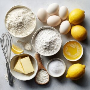 Flat lay of baking ingredients including flour, sugar, eggs, butter, lemons, and a whisk, ready for lemon brownies.